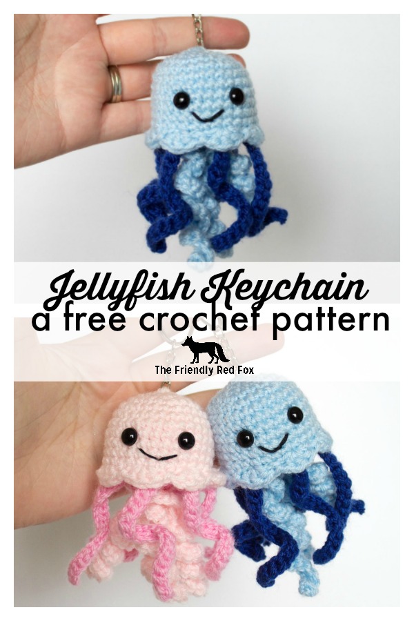 This free crochet jellyfish pattern makes such a fun amigurumi keychain! Perfect tiny baby size, works up super fast! You can use them as ornaments, backpack buddies and lots of other fun things! #amigurumi #crochet #crochetjellyfish #freecrochetpattern 