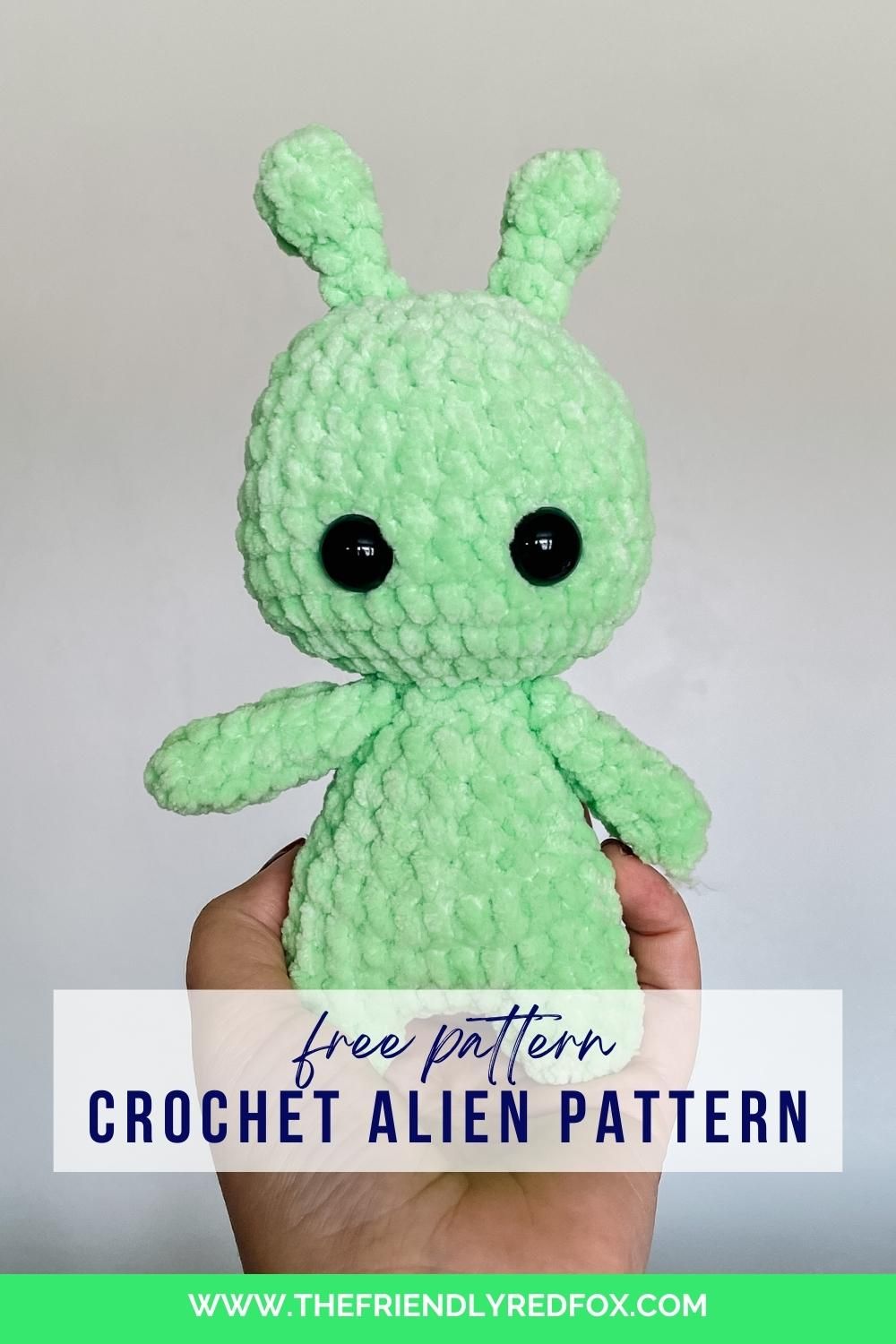 This crochet alien pattern will knock you out of this world for three reasons: it is very low sew, works up quickly, and is made with cuddly, plush yarn.