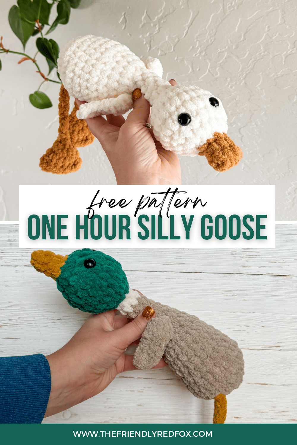 This one hour crochet pattern results in a silly goose- or duck or flamingo! This amigurumi goose and duck pattern is low sew!