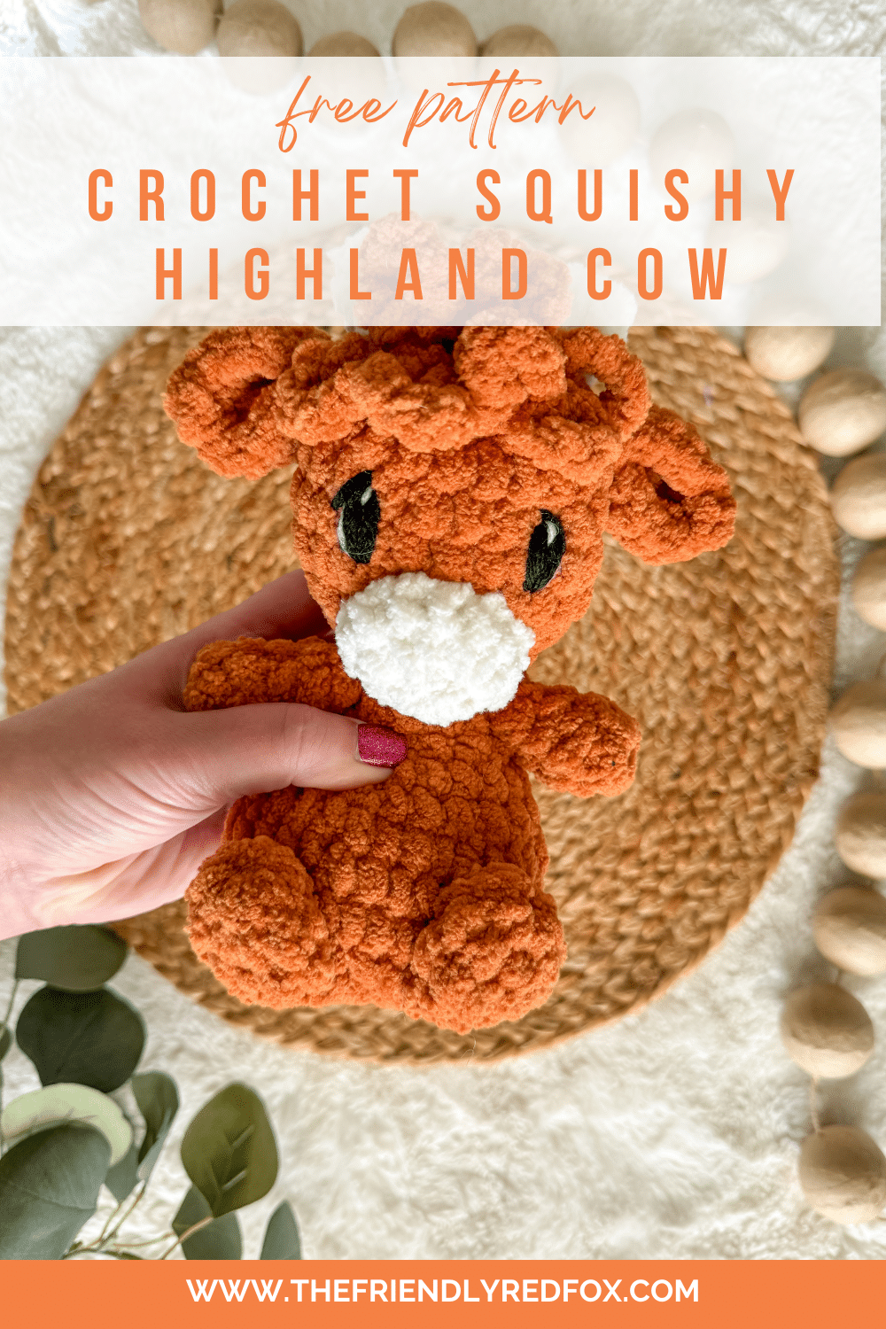 This is a free crochet pattern for the most adorable squishy highland cow! Understuffed body and cuddly blanket yarn make this the perfect gift for small ones!