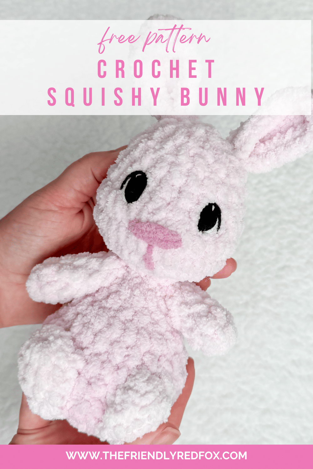 This is a free crochet pattern for the most adorable squishy bunny rabbit! Understuffed body and cuddly blanket yarn make this the perfect gift for small ones!