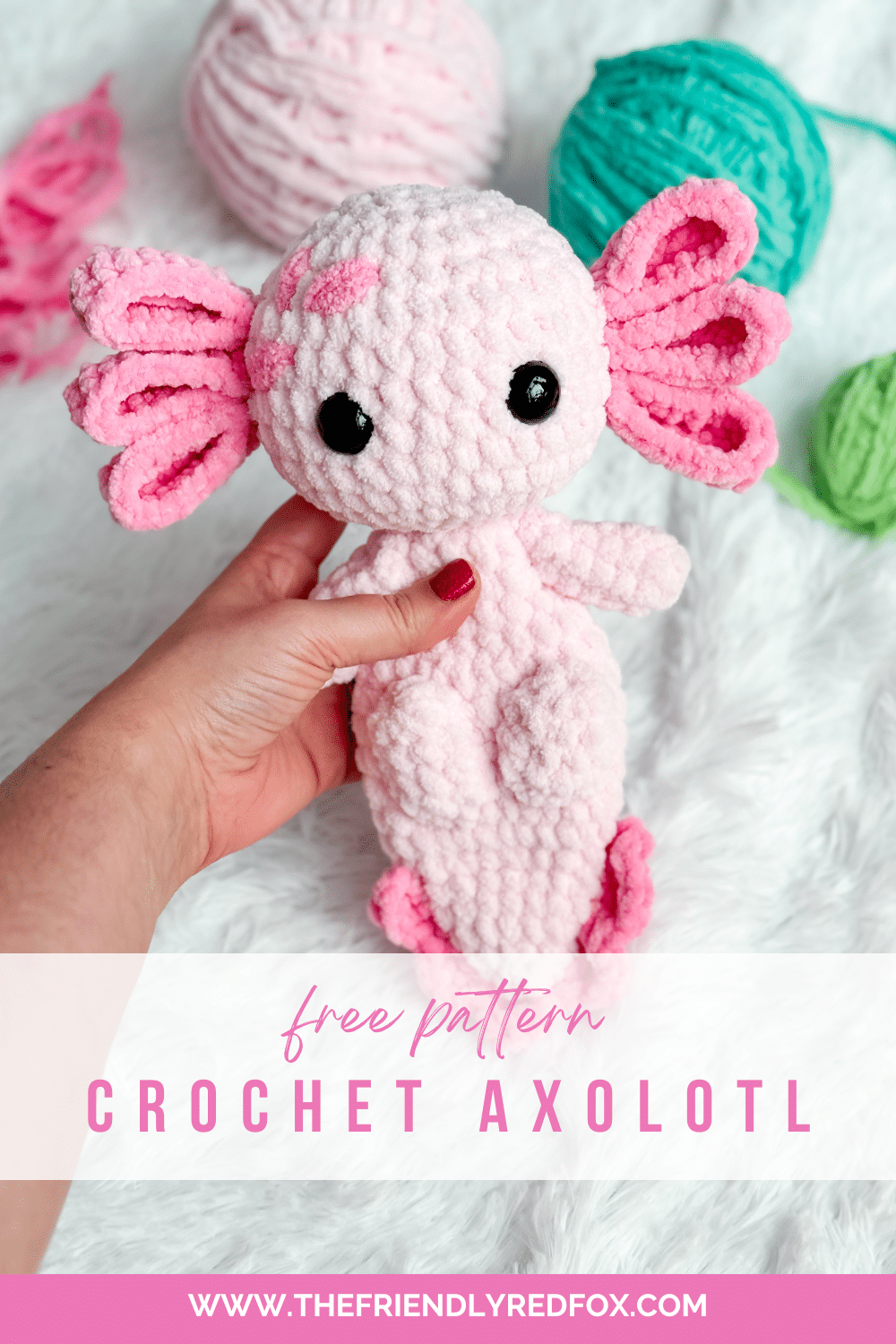 This free crochet axolotl pattern is cute and quick to make! Using blanket yarn makes this a cuddle sized amigurumi axolotl plushie, while using worsted weight yarn makes a 5 inch little backpack buddy!